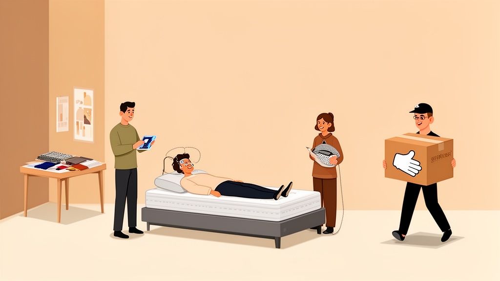 Researchers conduct a sleep study on a person lying on a mattress with sensors and monitoring equipment.