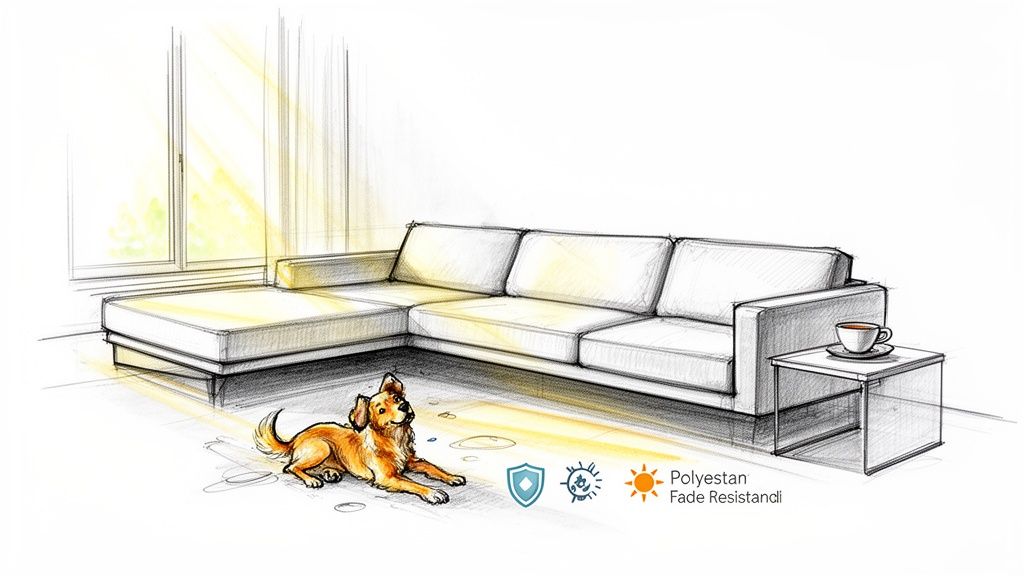 A hand-drawn sketch of a white sectional sofa with a cute dog and icons for fade-resistant fabric.