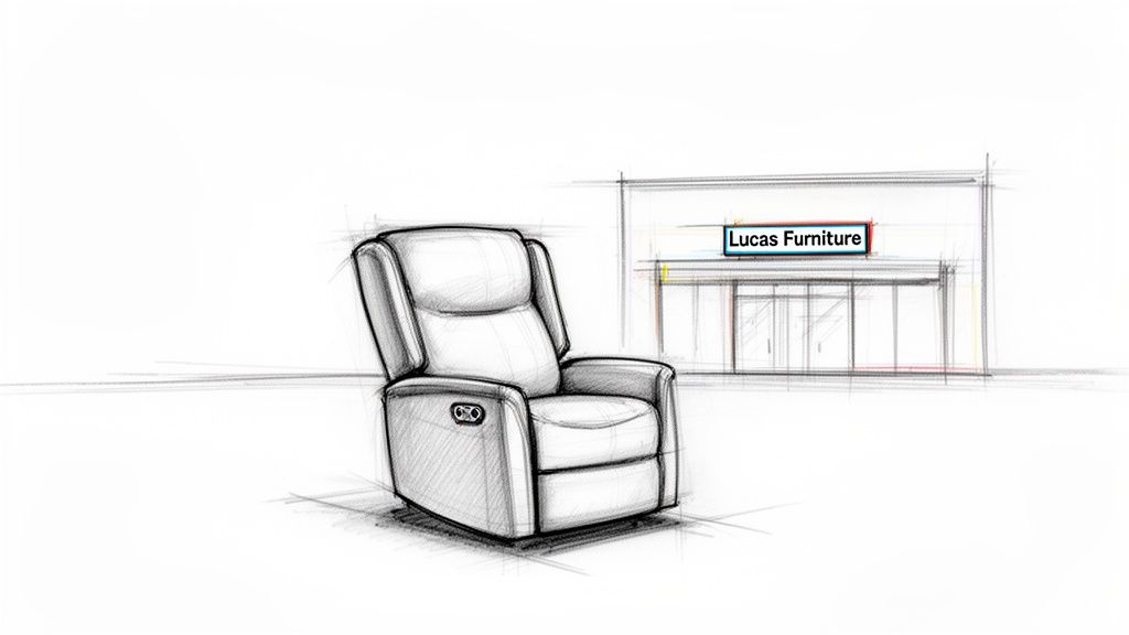 A detailed sketch of a comfortable recliner chair in front of a Lucas Furniture store.