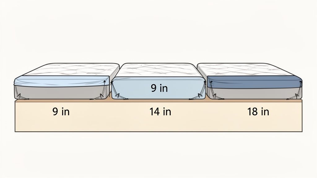 Three mattresses with fitted sheets of different depths: 9, 14, and 18 inches.