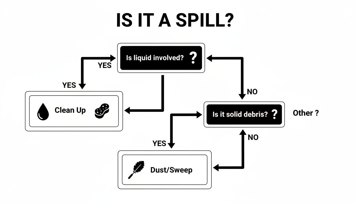 Flowchart guiding cleanup procedures for spills, differentiating between liquid cleanup and solid debris sweeping.