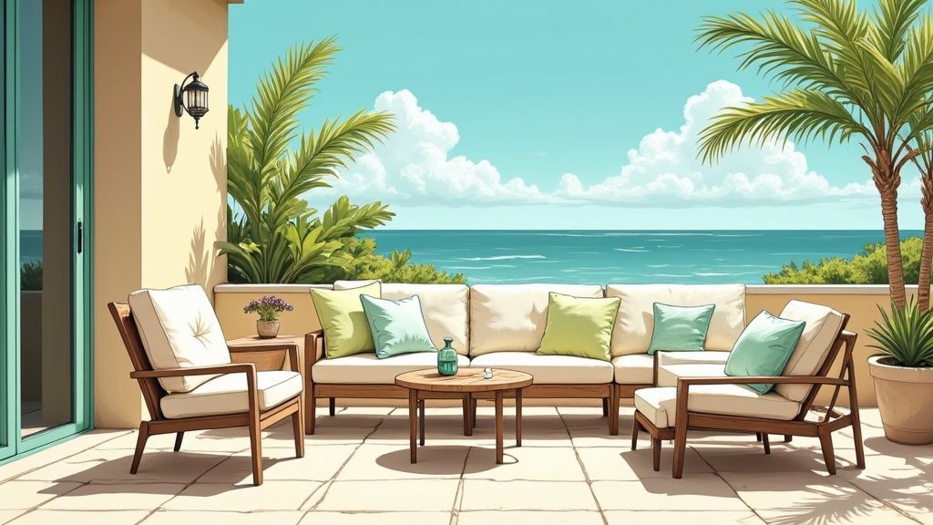 A beautiful coastal patio with inviting outdoor furniture, lush palm trees, and a serene ocean view.