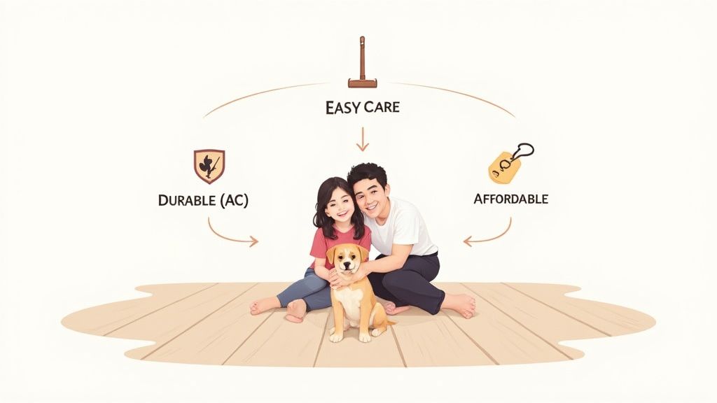 Illustration of a happy family with a dog on a wooden floor, highlighting durable, easy care, and affordable features.