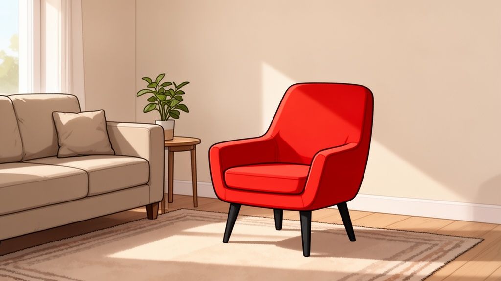 A warm and inviting living room featuring a beige sofa, a small plant, and a bright red accent chair.