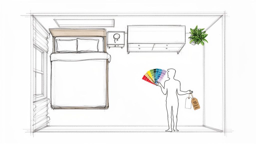Overhead sketch of a bedroom layout with a bed, dresser, and a person holding color swatches and price tags.