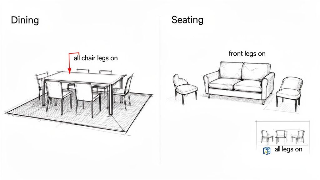 Sketches illustrating proper rug placement for dining chairs with all legs on and seating furniture with front legs on.