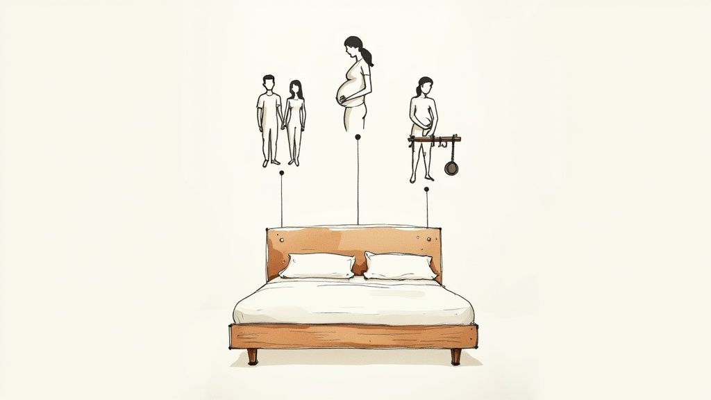 A young couple happily arranging pillows on their new mattress in their bedroom.