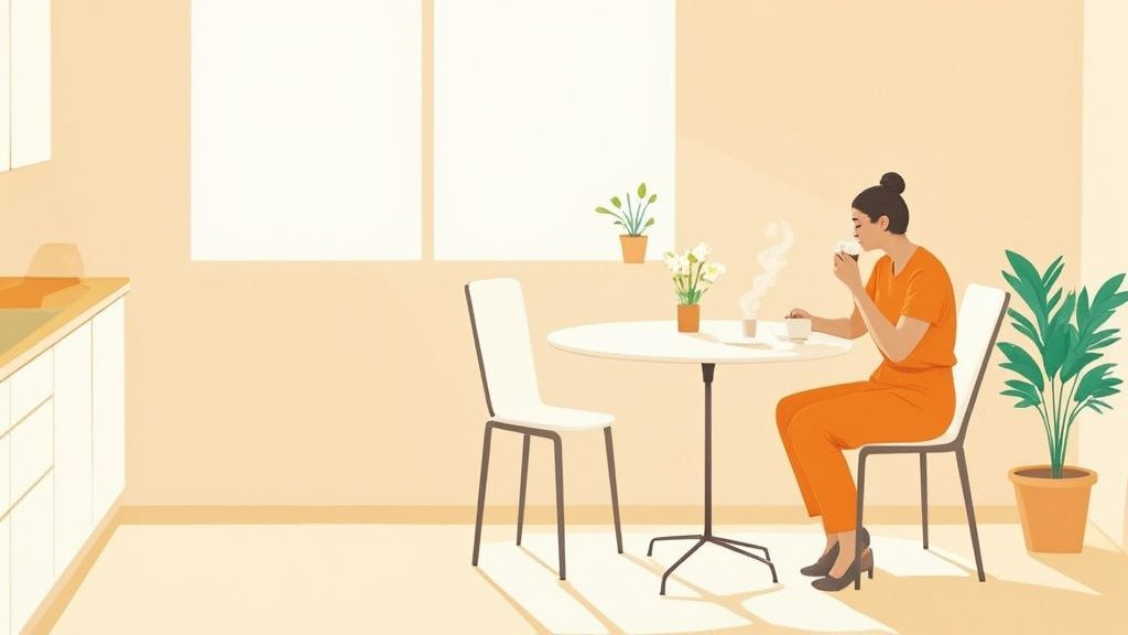 A woman in orange sips coffee at a bright kitchen table with plants, enjoying a calm morning.