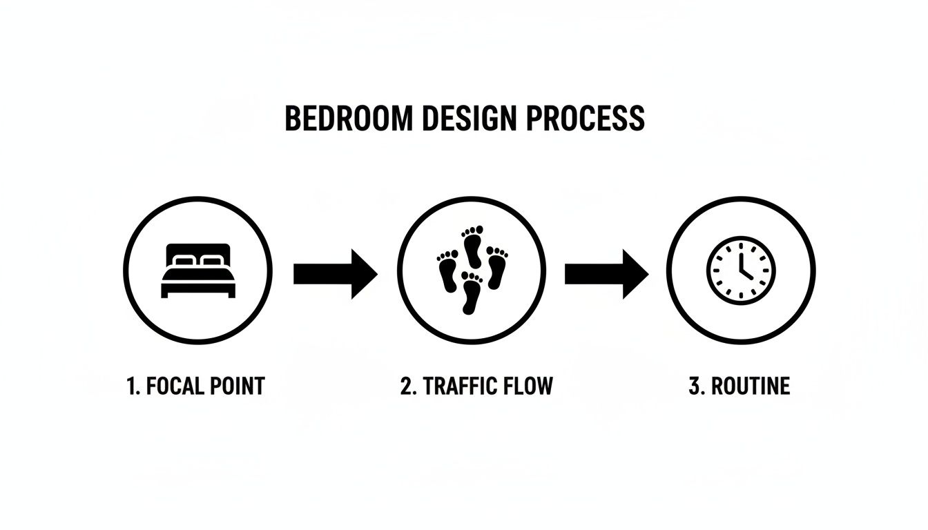 A visual guide outlining the bedroom design process, covering focal point, traffic flow, and routine steps.