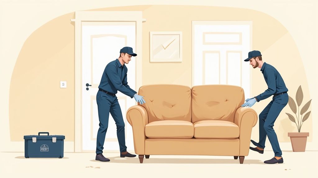 Two professional movers in blue uniforms and gloves carefully transport a tan sofa indoors.
