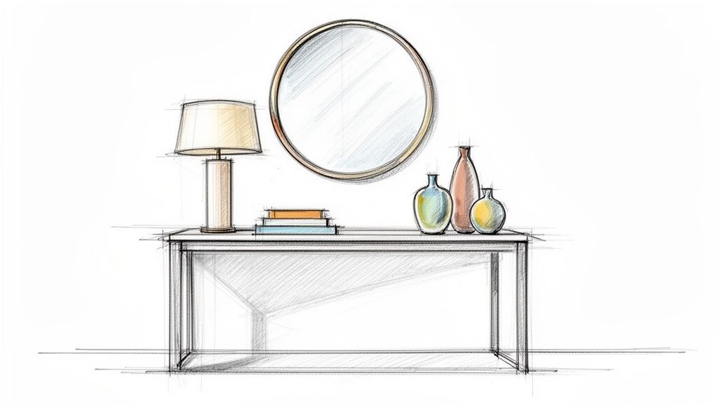 A hand-drawn sketch of a console table adorned with a lamp, books, a round mirror, and decorative vases.