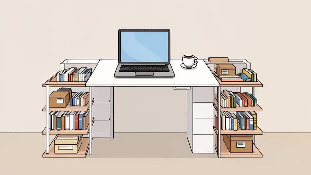 A minimalist white desk features a laptop, coffee cup, and neatly organized side shelves with books and boxes.