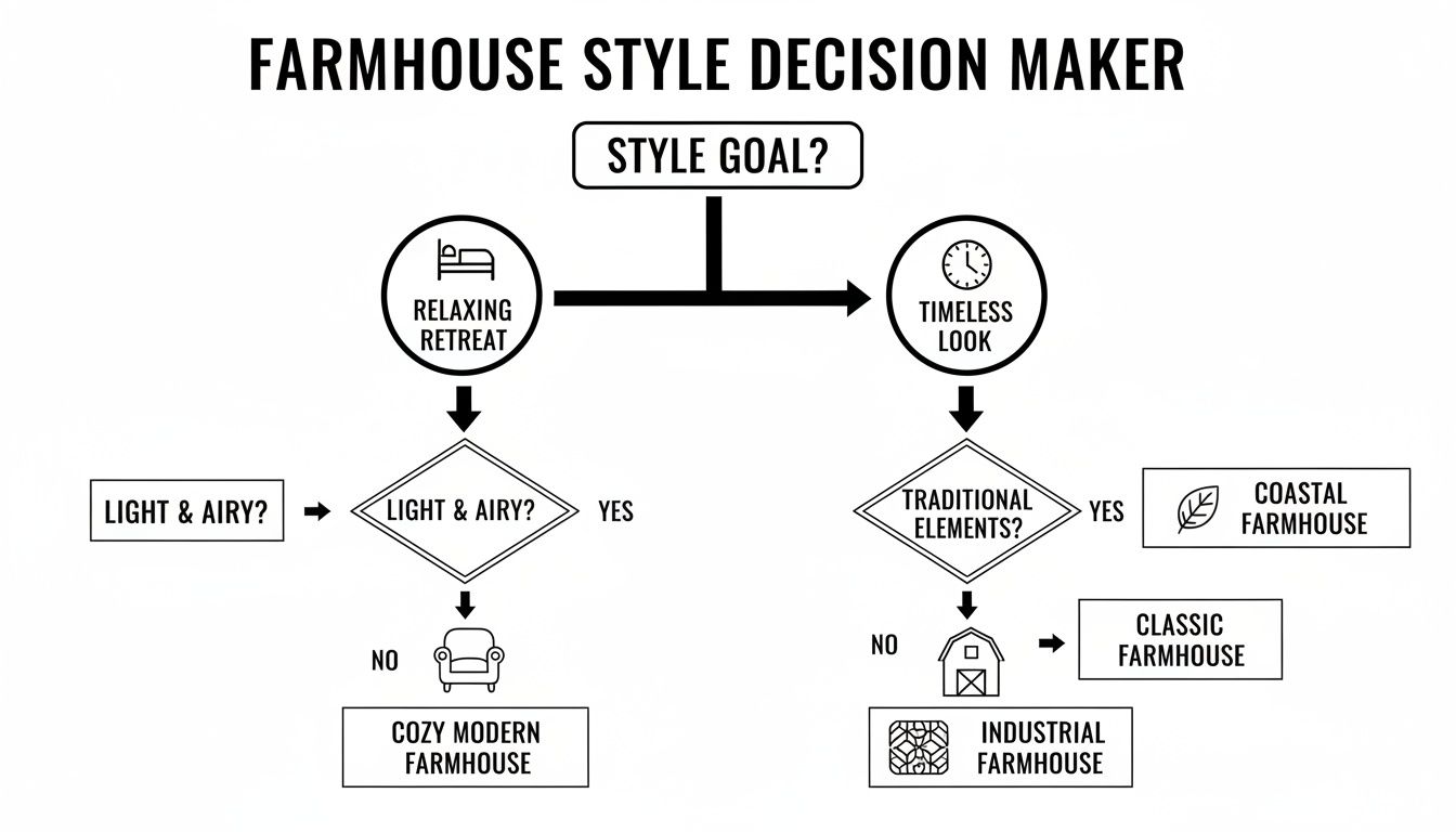 Flowchart diagram illustrating a farmhouse style decision maker, guiding users to different decor styles.