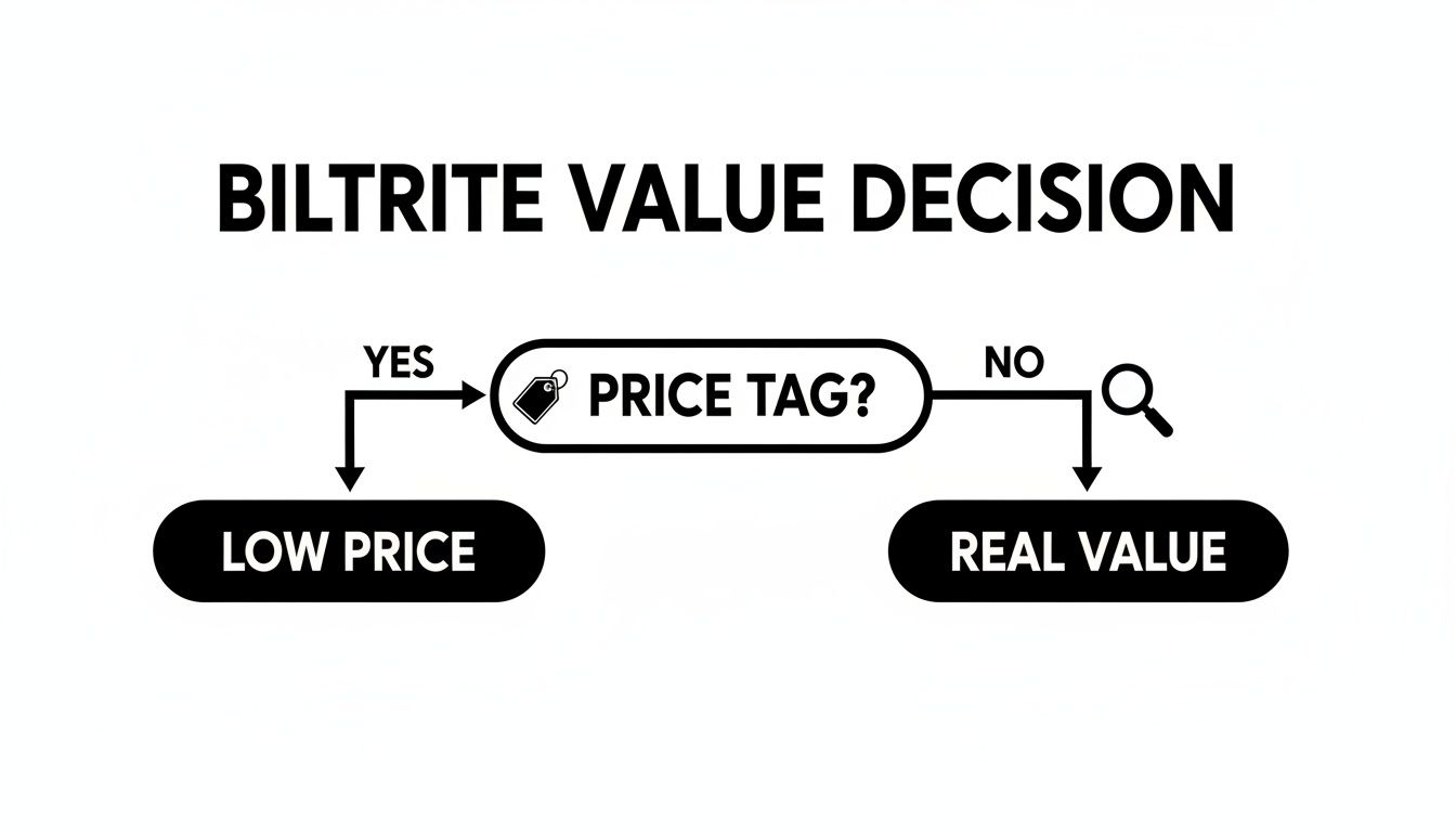 Biltrite Value Decision flowchart illustrating that a price tag implies low price, while no price tag suggests real value.