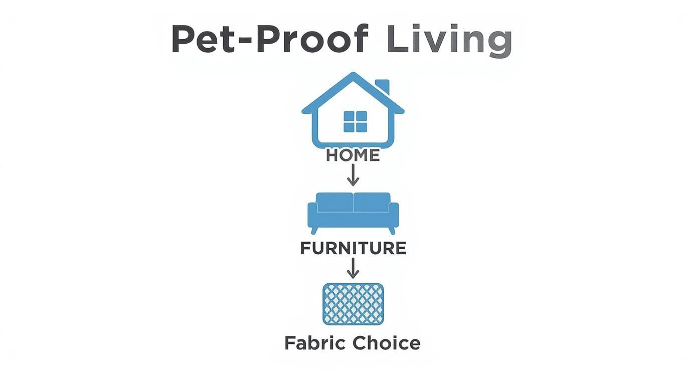 Flowchart illustrating pet-proof living, showing home, furniture, and fabric choice considerations.