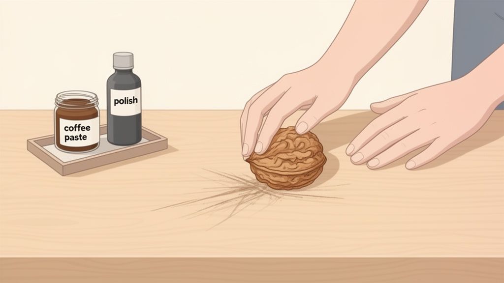 A person rubbing a walnut on a scratched wooden surface, with coffee paste and polish bottles nearby.