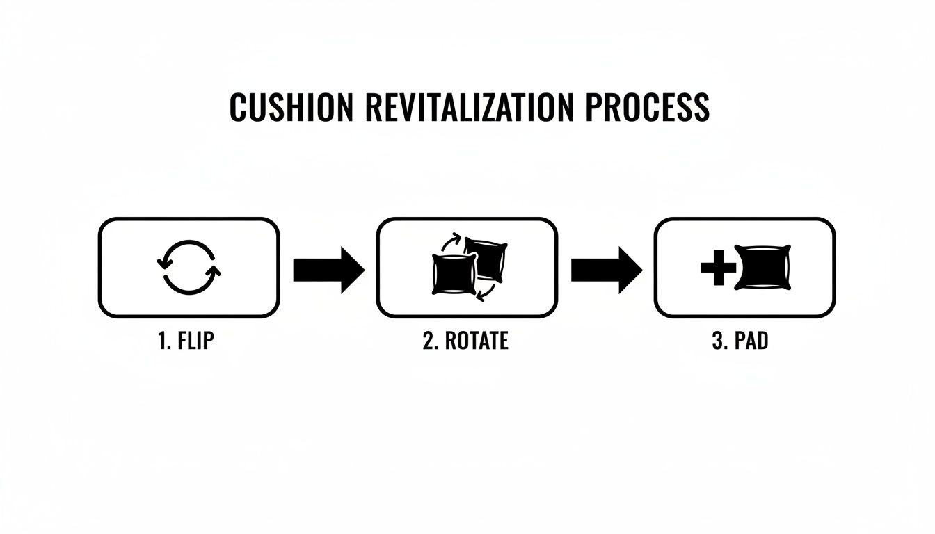 A three-step diagram illustrating the cushion revitalization process: flip, rotate, and pad.