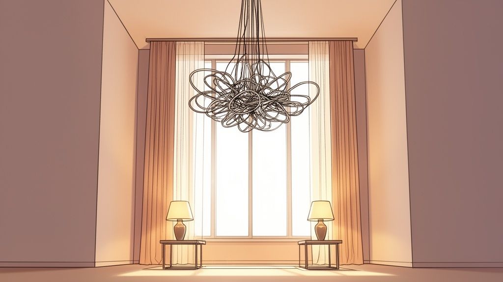 Modern room interior featuring a large window, abstract chandelier, flowing curtains, and two table lamps.