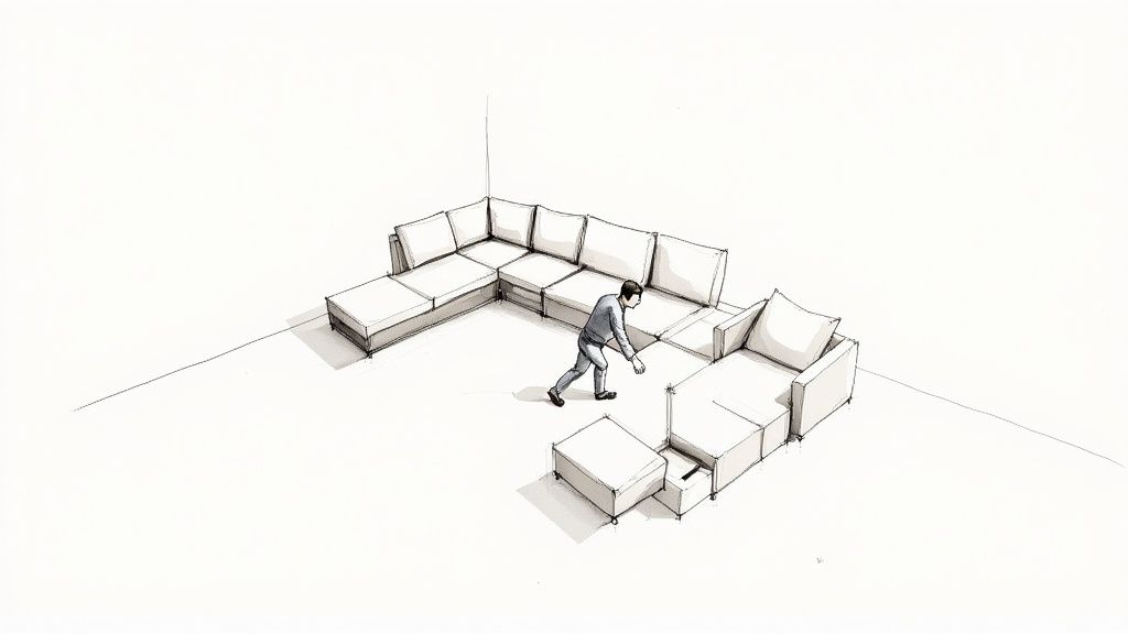 A man arranges modular sofa sections in a room, revealing a hidden drawer in one unit.