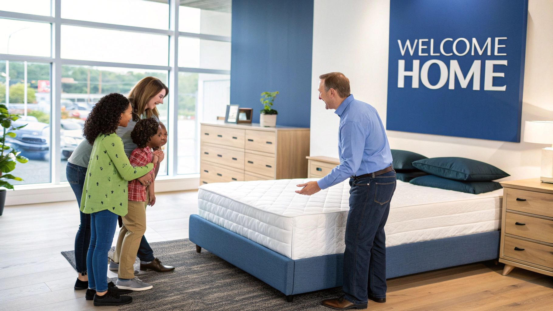 A salesperson shows a diverse family a new mattress in a bright bedroom furniture showroom.