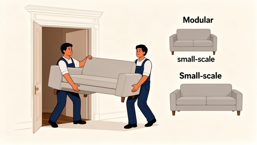 Two movers carefully carry a grey sofa through a doorway, with different sofa types illustrated.