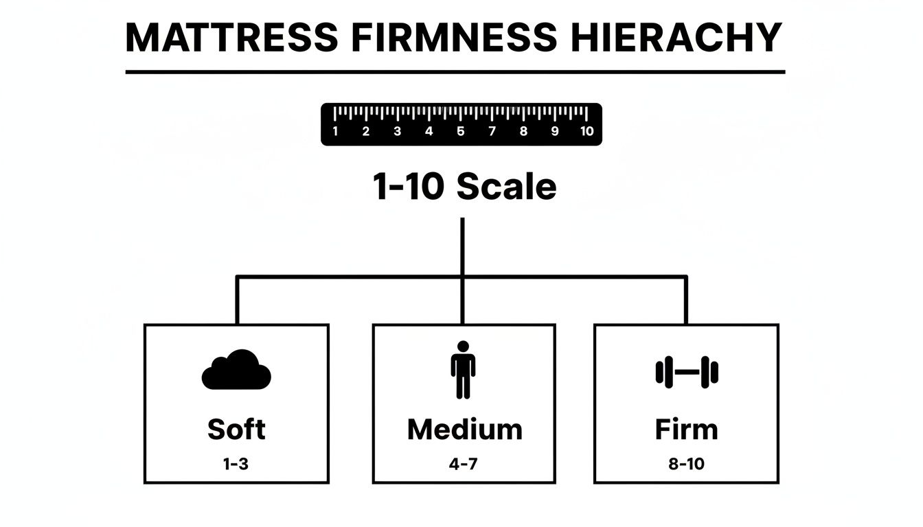 Mattress firmness hierarchy diagram showing soft (1-3), medium (4-7), and firm (8-10) classifications on a 1-10 scale.