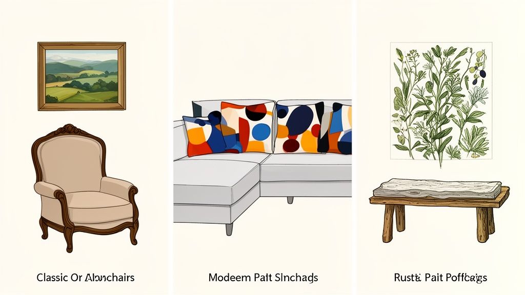 Three panels showcasing classic armchair and landscape art, modern sofa with abstract pillows, and rustic bench with botanical art.