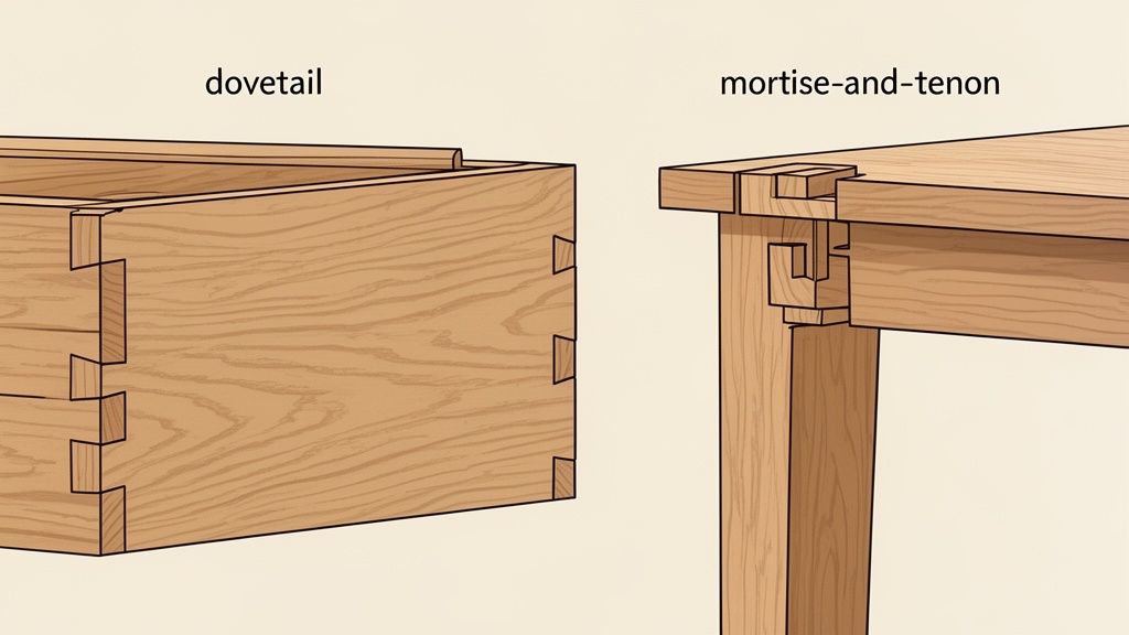 Illustration of two woodworking joints: a dovetail joint on a box and a mortise-and-tenon joint on a table frame.