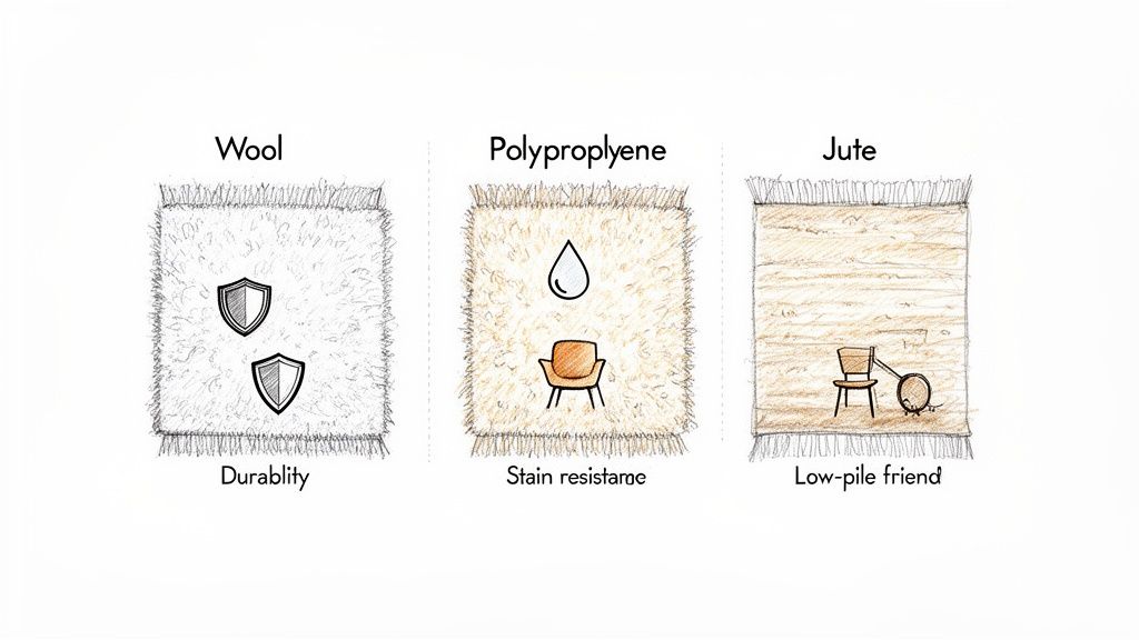 Illustration showing characteristics of wool (durability), polypropylene (stain resistance), and jute (low-pile friendly) rugs.