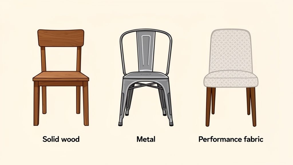 Three dining chairs demonstrating different materials: solid wood, metal, and upholstered with performance fabric.