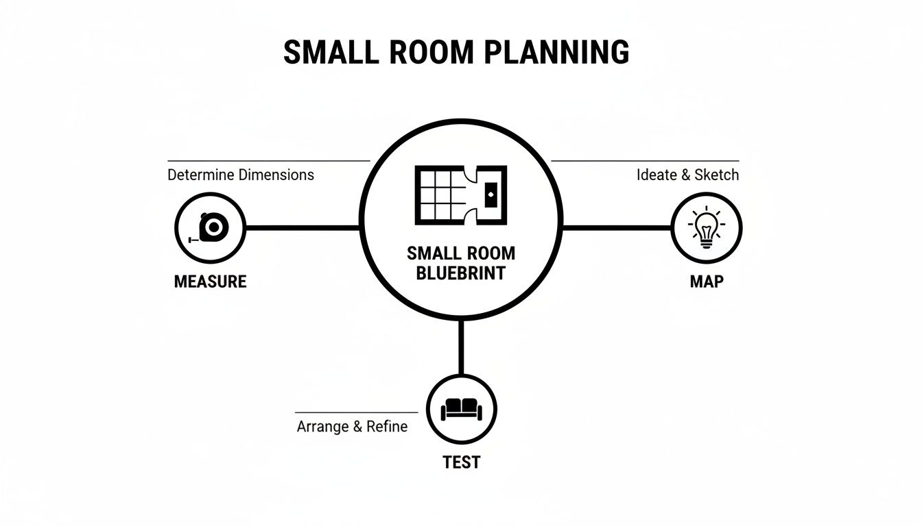 A diagram outlining a four-step small room planning process: measure, blueprint, map, and test.