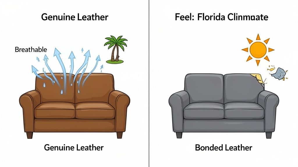 A brown genuine leather sofa is breathable, while a grey bonded leather sofa peels in the heat.