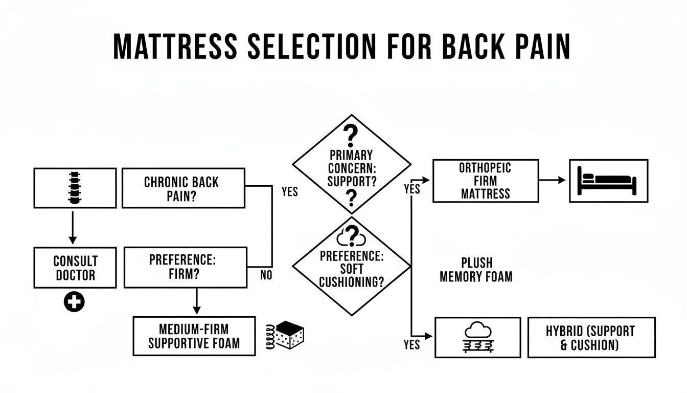 Flowchart guiding mattress selection for back pain based on symptoms and preferences.