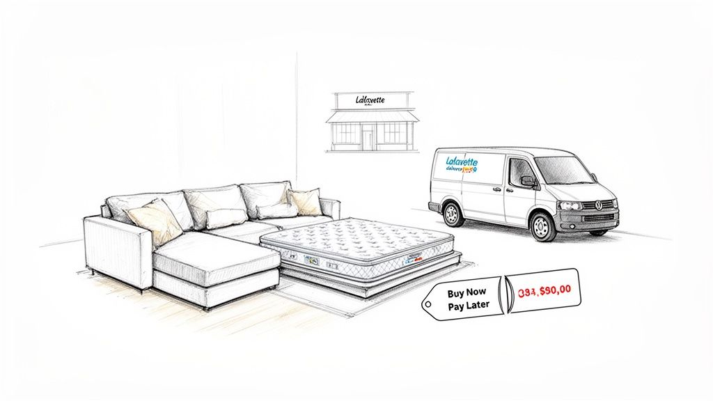 Sketch of a sofa, mattress, delivery van, and store, promoting 'Buy Now Pay Later' furniture.
