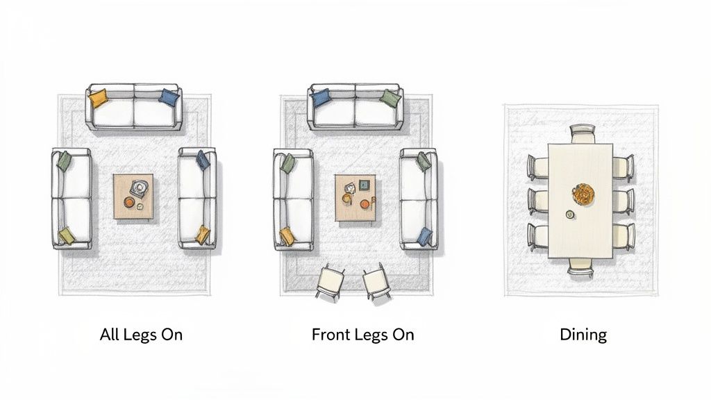 Overhead view showing three rug placement diagrams for living room sofas and a dining table.