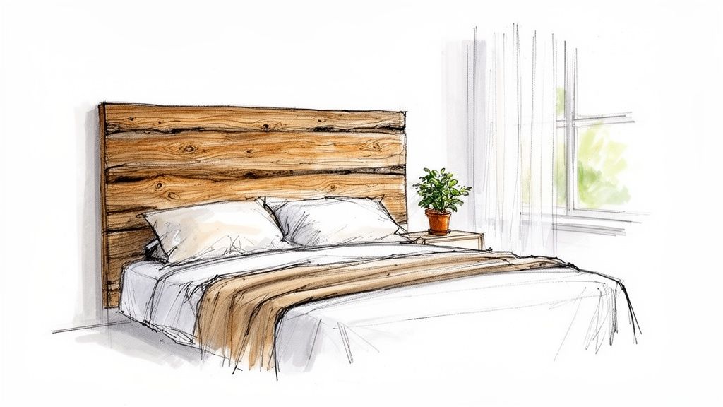 Hand-drawn sketch of a cozy bedroom with a prominent rustic wooden headboard, white and brown bedding, and a potted plant.