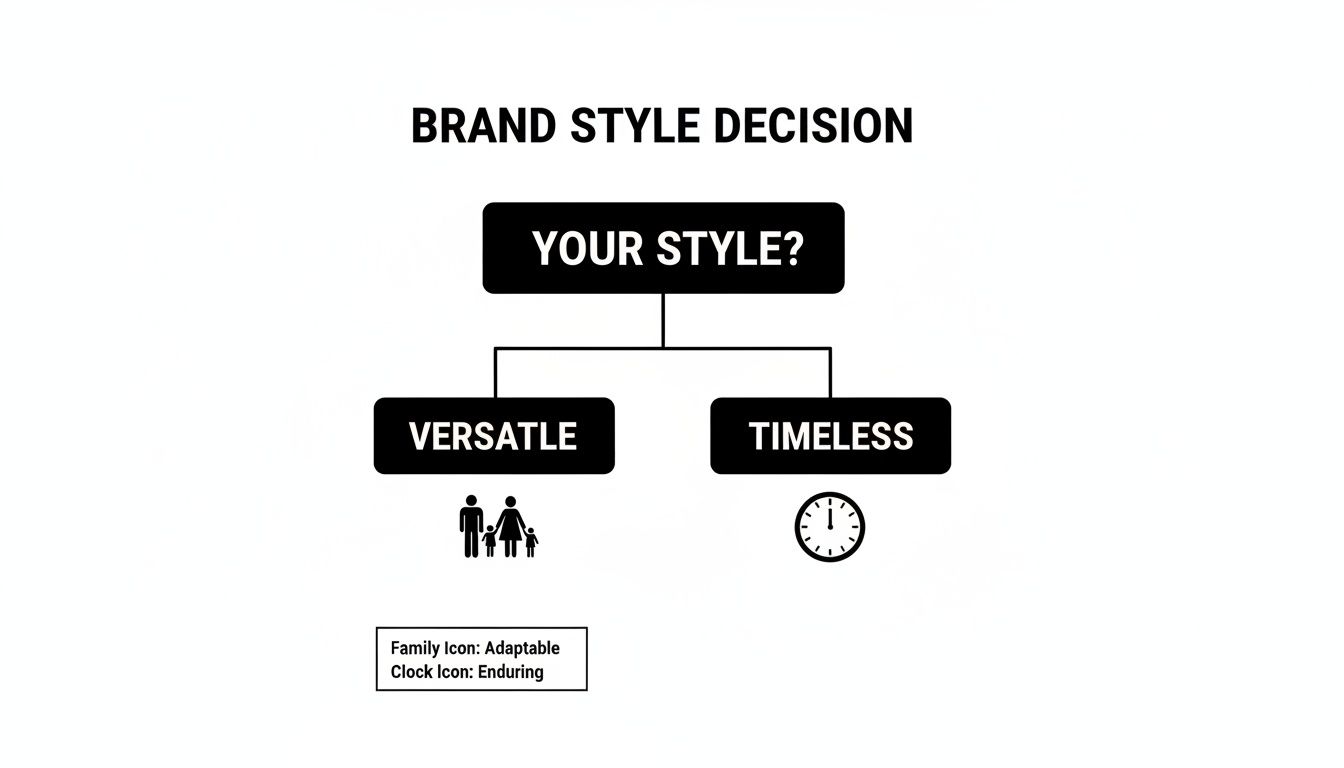 A brand style decision flowchart showing two options: versatile (adaptable family icon) and timeless (enduring clock icon).