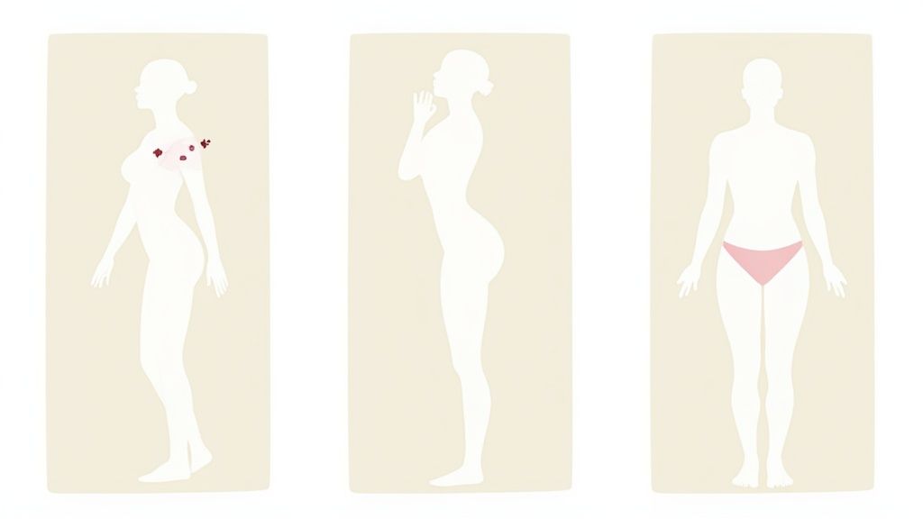 Three illustrations of women in different postures and positions, showing potential mattress support or pressure points.