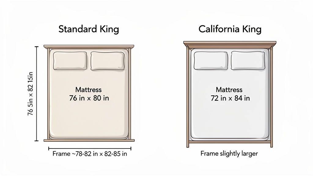 Comparison of Standard King and California King bed sizes, showing mattress and frame dimensions.