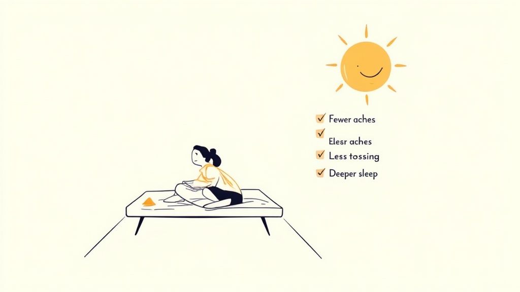 Illustration of a person on a mattress with a smiling sun and text listing sleep benefits.