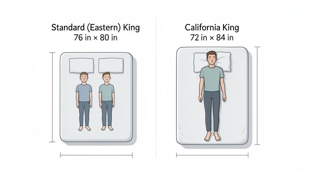 Comparison of Standard King (76x80 inches) and California King (72x84 inches) bed dimensions with people.
