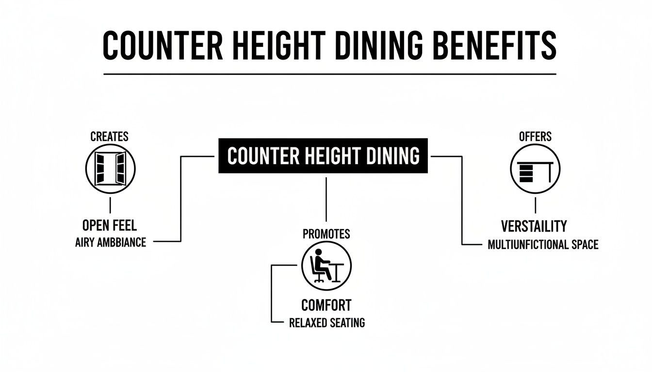 Diagram illustrating the benefits of counter height dining, including open feel, comfort, and versatility.