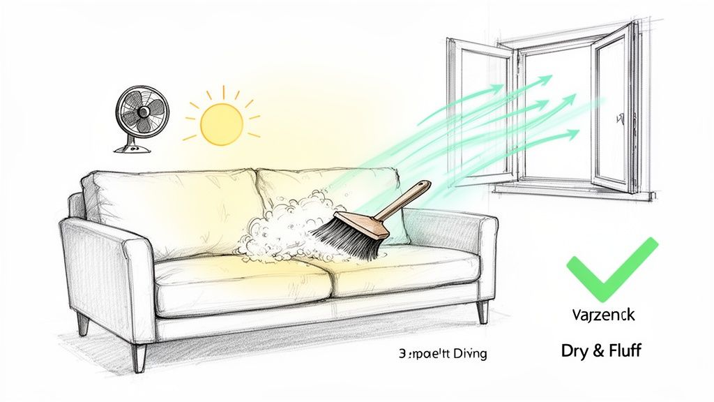 A step-by-step illustration showing how to clean and dry a couch using a brush, fan, sun, and ventilation.
