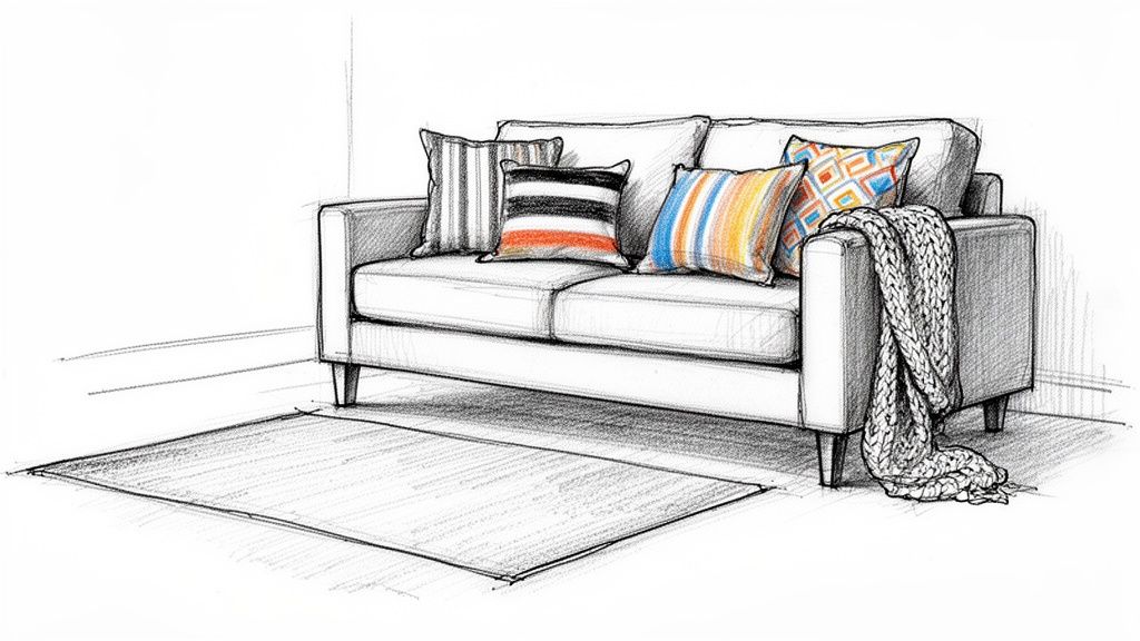 Sketch of a living room sofa with striped and patterned pillows, a knitted throw, and a rug.