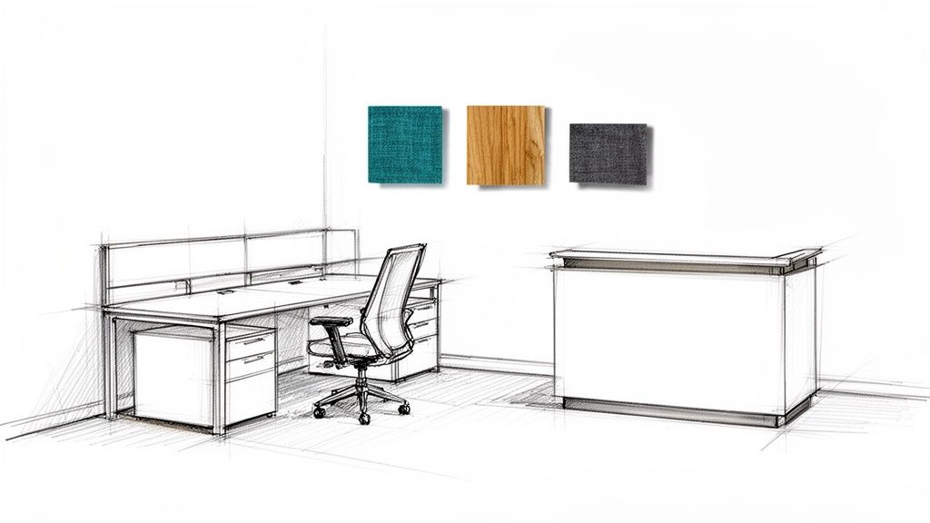 A sketched office interior design concept featuring a desk, chair, reception counter, and material swatches.