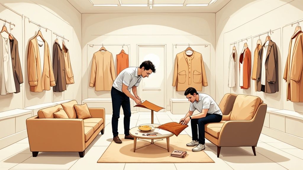 Two men examine fabric samples on a table, surrounded by clothing racks in a shop.