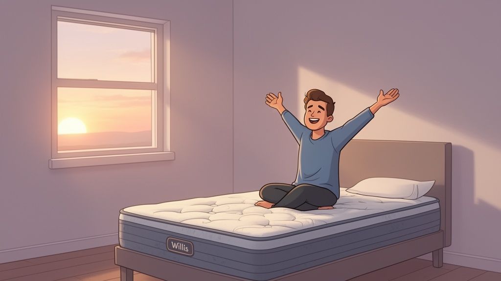 Happy man stretching in bed on a Willis mattress, illuminated by a sunrise through a window.