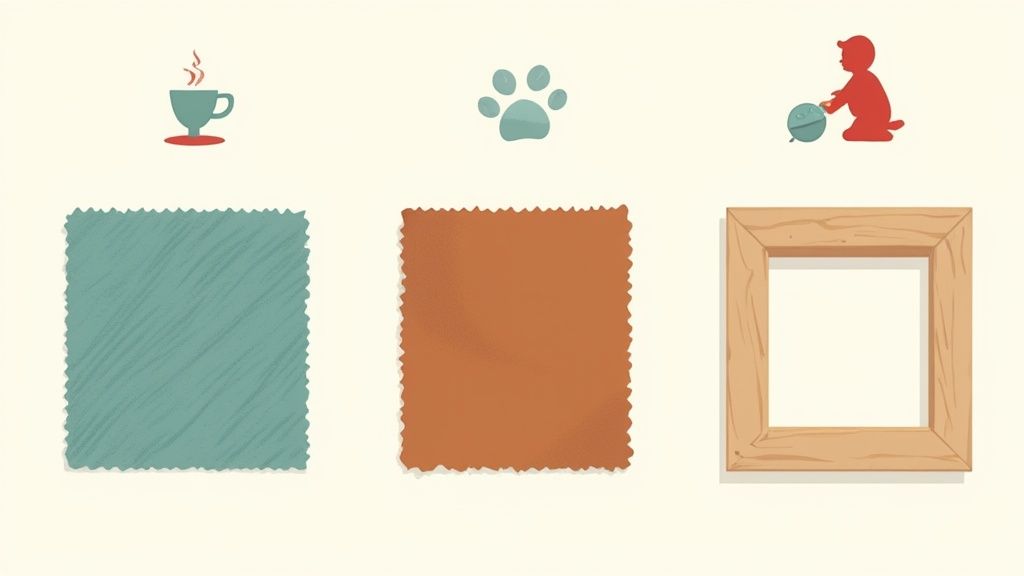 Three columns of icons (coffee, paw print, child) above textured squares and a wooden frame.