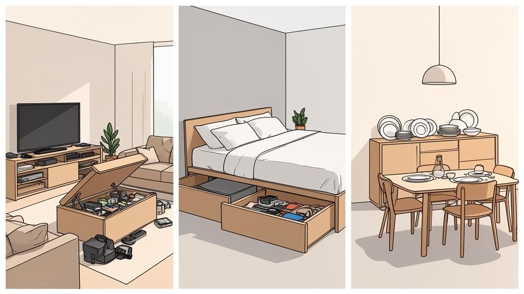 Illustration showcasing practical storage solutions in a living room, bedroom, and dining area.