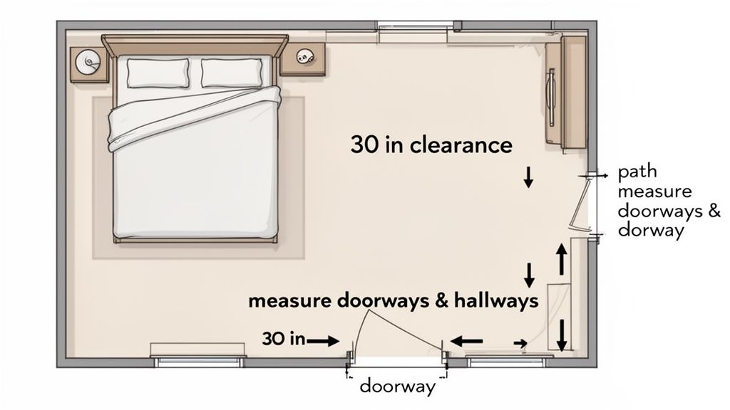 Bedroom floor plan showing a bed, nightstands, closet, and important clearance measurements for furniture placement.